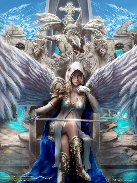 Anime picture 750x1000 with original arist0te single long hair tall image looking at viewer blue eyes blonde hair sitting signed inscription crossed legs angel wings angel destruction girl gloves weapon sword wings
