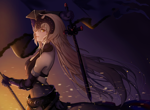 Anime picture 2040x1500 with fate (series) fate/grand order jeanne d'arc (fate) (all) jeanne d'arc alter (fate) jeanne d'arc alter (avenger) (third ascension) (fate) yukidaifuku single long hair looking at viewer highres blonde hair standing bare shoulders yellow eyes profile wind arm behind head bare back girl weapon