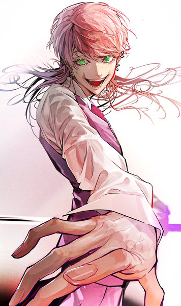 Anime picture 800x1348 with tokyo revengers sanzu haruchiyo miyuki nknk single long hair tall image looking at viewer open mouth green eyes pink hair :d fingernails piercing ear piercing scar outstretched hand boy shirt white shirt vest