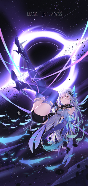 Anime picture 2160x4560 with genshin impact skirk (genshin impact) varhan zuhair single long hair tall image looking at viewer fringe highres breasts light erotic hair between eyes red eyes signed full body bent knee (knees) grey hair high heels thighs text