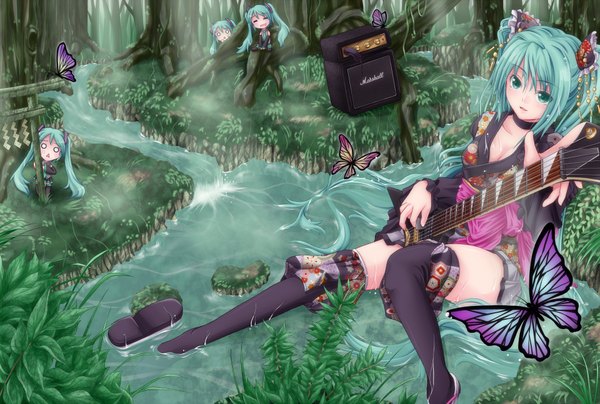 Anime picture 1920x1294 with vocaloid hatsune miku hachune miku tsukineko long hair highres twintails japanese clothes aqua eyes aqua hair chibi girl thighhighs black thighhighs plant (plants) tree (trees) kimono insect butterfly forest