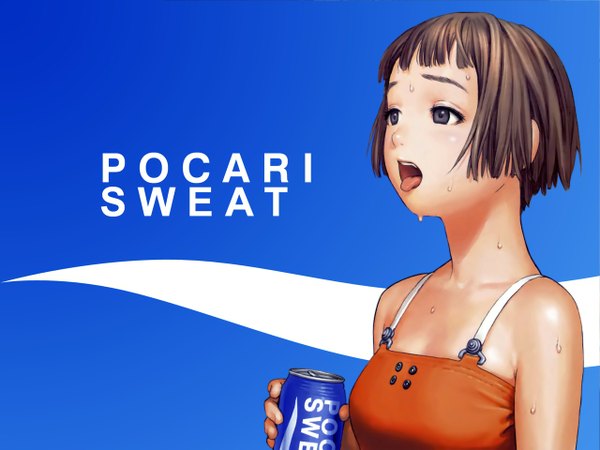 Anime picture 1280x960 with robot (manga) pocari sweat range murata single short hair open mouth simple background brown hair black eyes sweat sleeveless blue background soft beauty girl tongue drink
