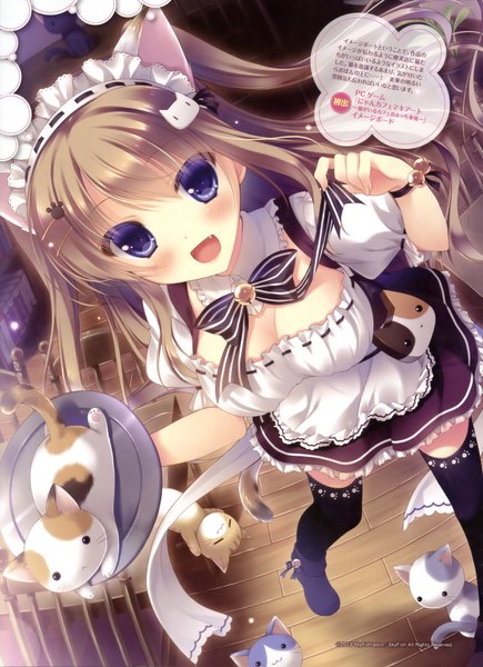 Anime picture 2870x3959 with nyan cafe macchiato nekomori mike yukie (peach candy) single long hair tall image looking at viewer highres breasts open mouth smile purple eyes animal ears cleavage :d cat ears maid happy :3 waitress
