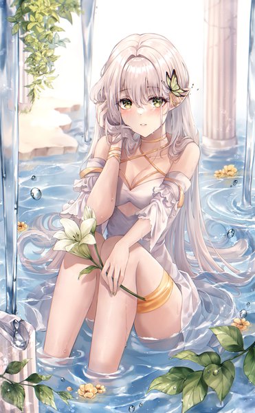 Anime-Bild 2784x4507 mit original pippin sol single long hair tall image looking at viewer blush fringe highres breasts hair between eyes sitting holding green eyes cleavage silver hair bent knee (knees) nail polish parted lips fingernails