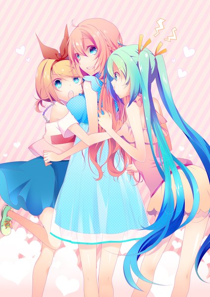 Anime picture 2507x3541 with vocaloid hatsune miku megurine luka kagamine rin temari (deae) long hair tall image looking at viewer highres short hair open mouth blonde hair twintails bare shoulders multiple girls pink hair very long hair looking back aqua eyes light smile