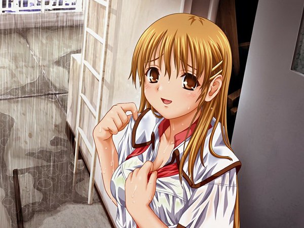 Anime picture 1024x768 with raspberry yuzuki sanae nekonyan long hair game cg orange hair orange eyes rain girl