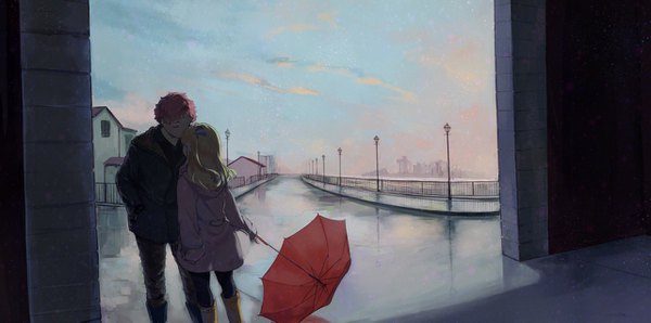 Anime picture 1280x637 with original tamomoko long hair short hair blonde hair wide image standing sky cloud (clouds) red hair eyes closed couple side ponytail hand in pocket kiss forehead kiss girl boy pantyhose jacket