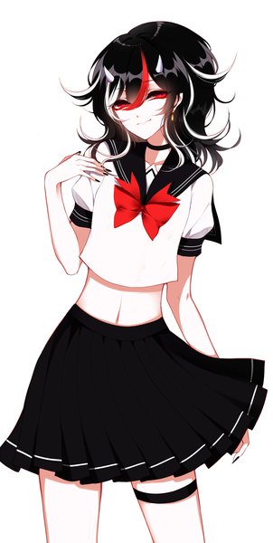 Anime picture 1700x3380 with touhou kijin seija sheya single tall image looking at viewer fringe short hair black hair simple background smile hair between eyes red eyes white background nail polish pleated skirt multicolored hair horn (horns) bare belly short sleeves
