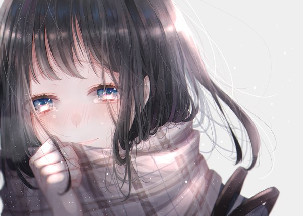 Anime picture 3500x2500 with original ichijiku (user yhjw8354) single long hair looking at viewer blush fringe highres blue eyes black hair simple background absurdres upper body light smile grey background tears floating hair portrait close-up covered mouth