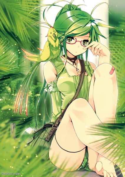 Anime picture 2473x3500 with original refeia single long hair tall image highres sitting bare shoulders green eyes ponytail barefoot green hair scan animal on shoulder bandaid on leg bird on shoulder bandaid on knee girl detached sleeves animal