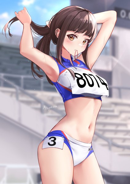 Anime picture 2892x4093 with original hamanashi (trapiorra) single long hair tall image looking at viewer blush fringe highres light erotic brown hair standing bare shoulders holding yellow eyes sky blunt bangs blurry arms up armpit (armpits)