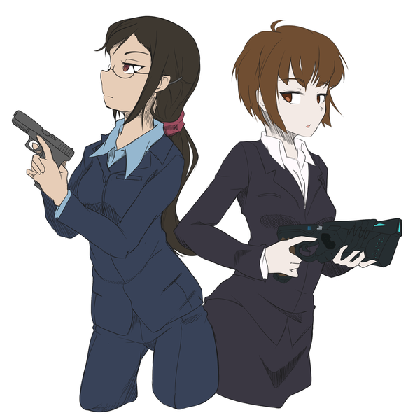 Anime picture 2400x2400 with darker than black psycho-pass production i.g studio bones tsunemori akane kirihara misaki tiribrush long hair fringe highres short hair black hair simple background red eyes brown hair standing white background multiple girls holding brown eyes