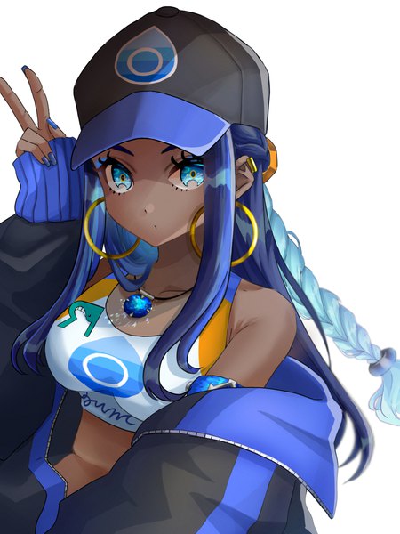 Anime picture 900x1200 with pokemon pokemon swsh nintendo nessa (pokemon) setta shu single long hair tall image looking at viewer blue eyes simple background white background blue hair long sleeves nail polish off shoulder dark skin sleeves past wrists victory blue nail polish