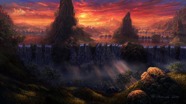 Anime picture 1920x1080 with original fel-x (artist) highres wide image signed sky cloud (clouds) sunlight wallpaper horizon mountain no people landscape scenic river nature rock waterfall morning sunrise