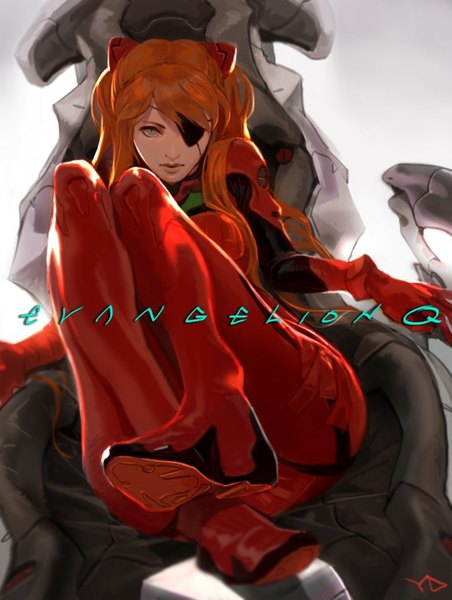 Anime picture 740x981 with neon genesis evangelion rebuild of evangelion evangelion: 3.0 you can (not) redo gainax soryu asuka langley shikinami asuka langley yd (orange maru) long hair tall image looking at viewer fringe blue eyes sitting bent knee (knees) parted lips lips orange hair grey background gradient background soles