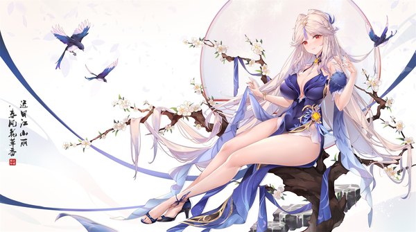 Anime picture 2000x1116 with genshin impact ningguang (genshin impact) ningguang (orchid's evening gown) (genshin impact) melailai single looking at viewer highres breasts light erotic red eyes wide image large breasts sitting cleavage silver hair full body very long hair nail polish bare legs high heels