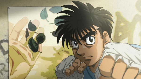Anime picture 1366x768 with hajime no ippo makunouchi ippo tagme (artist) single looking at viewer short hair black hair wide image black eyes fighting stance serious boy leaf (leaves) bandage (bandages) fist hand