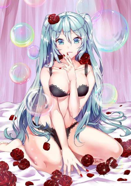 Anime picture 730x1035 with vocaloid hatsune miku maokezi single long hair tall image fringe breasts light erotic hair between eyes large breasts sitting twintails signed nail polish hair flower aqua eyes aqua hair sparkle alternate costume