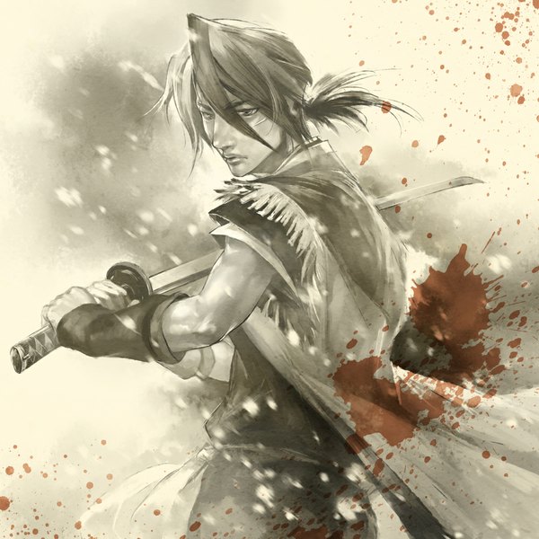 Anime picture 1000x1000 with sword of the stranger nanashi (sword of the stranger) tamachi kuwa single short hair monochrome scar boy weapon detached sleeves sword katana blood