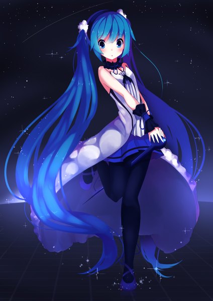 Anime picture 900x1272 with vocaloid hatsune miku yuki miku yuzas single tall image looking at viewer blush fringe blue eyes twintails bare shoulders blue hair bent knee (knees) very long hair sleeveless glow girl dress hair ornament
