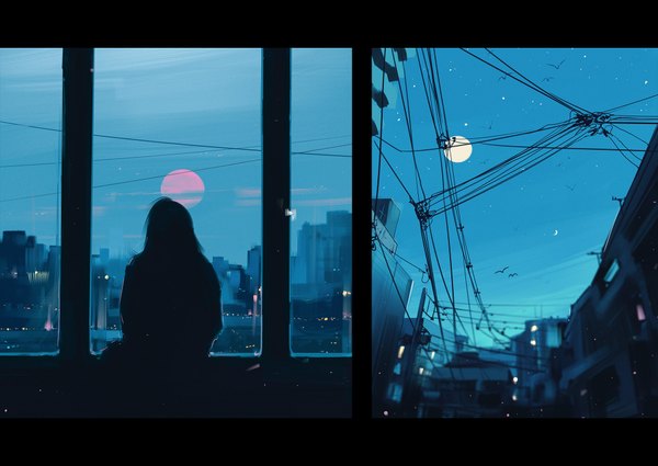 Anime picture 1920x1360 with original aenami single highres indoors night night sky city letterboxed cityscape multiview silhouette red moon girl animal window bird (birds) building (buildings) moon full moon