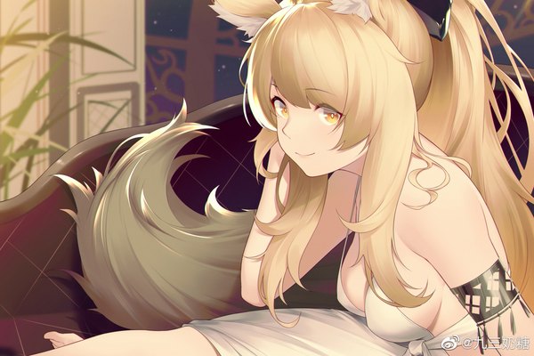 Anime picture 2480x1654 with arknights blemishine (arknights) jiusan naitan single long hair looking at viewer blush fringe highres breasts light erotic blonde hair smile hair between eyes large breasts sitting bare shoulders signed animal ears yellow eyes