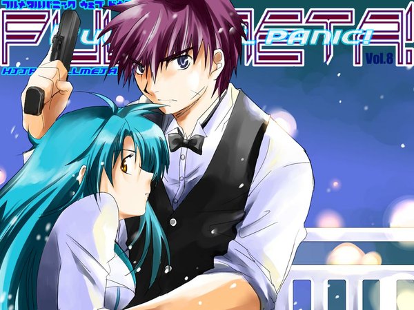 Anime picture 1024x768 with full metal panic! gonzo chidori kaname sagara sousuke long hair looking at viewer fringe short hair hair between eyes yellow eyes purple hair aqua hair grey eyes copyright name snowing girl boy weapon bowtie gun