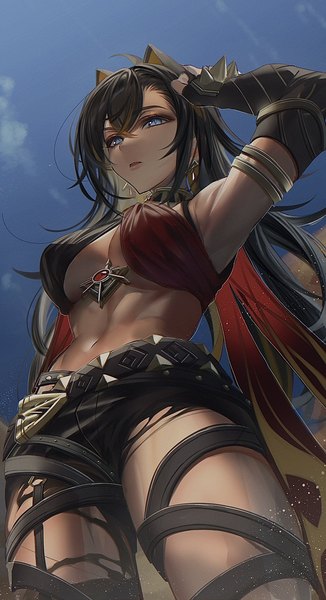 Anime picture 1114x2048 with genshin impact dehya (genshin impact) kawachi rin single long hair tall image fringe breasts open mouth blue eyes light erotic black hair hair between eyes standing animal ears looking away sky outdoors multicolored hair arm up