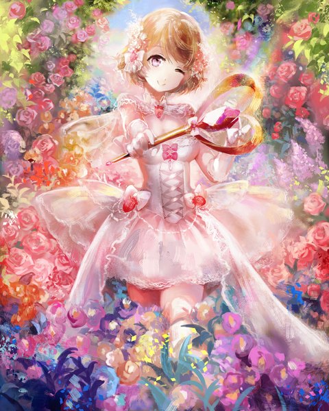 Anime picture 800x1000 with love live! school idol project sunrise (studio) love live! koizumi hanayo juexing (moemoe3345) single tall image looking at viewer fringe blonde hair smile standing one eye closed pink eyes hair flower wink sunlight lacing girl dress