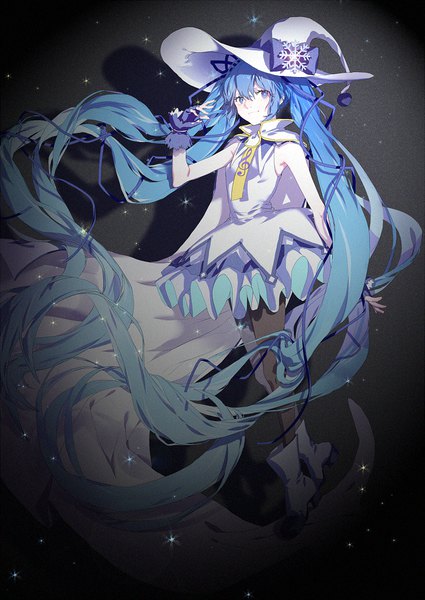 Anime picture 700x989 with vocaloid suki! yuki! maji magic (vocaloid) hatsune miku yuki miku yuki miku (2014) qiqu single tall image looking at viewer fringe blue eyes smile hair between eyes twintails blue hair full body very long hair sparkle shadow sleeveless