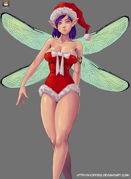 Anime picture 734x1000 with kyoffie12 single tall image short hair breasts light erotic simple background large breasts bare shoulders purple hair pointy ears orange eyes legs christmas dark background merry christmas insect wings christmas elf girl hat
