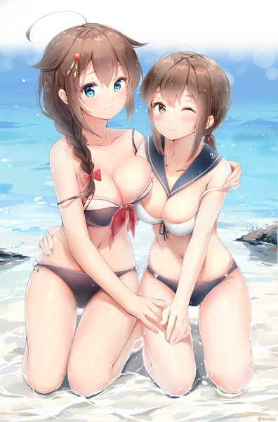 Anime picture 1980x3000 with kantai collection shigure destroyer fubuki destroyer haruka (pixiv11780426) long hair tall image looking at viewer blush fringe highres breasts blue eyes light erotic hair between eyes brown hair large breasts multiple girls brown eyes payot full body