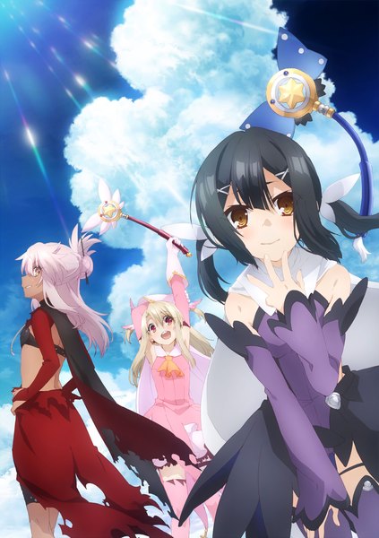 Anime picture 1726x2447 with fate (series) fate/kaleid liner prisma illya type-moon illyasviel von einzbern kuro (fate/kaleid liner) miyu edelfelt prisma illya magical ruby magical sapphire tagme (artist) long hair tall image highres open mouth black hair red eyes multiple girls brown eyes yellow eyes sky