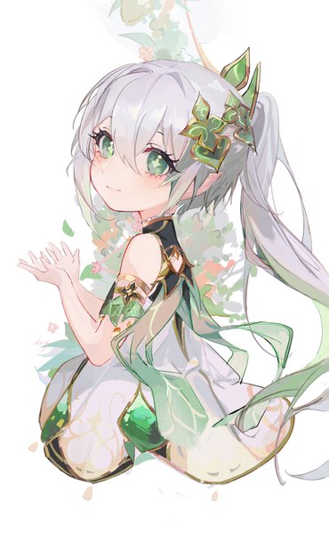 Anime picture 4530x7352 with genshin impact nahida (genshin impact) yutou (yutou75) single long hair tall image fringe highres smile hair between eyes green eyes looking away absurdres silver hair ponytail pointy ears symbol-shaped pupils girl hair ornament