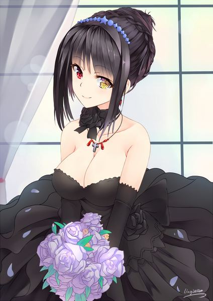 Anime picture 1526x2160 with date a live tokisaki kurumi toyozero single tall image looking at viewer blush fringe short hair breasts light erotic black hair smile red eyes large breasts bare shoulders holding signed yellow eyes payot
