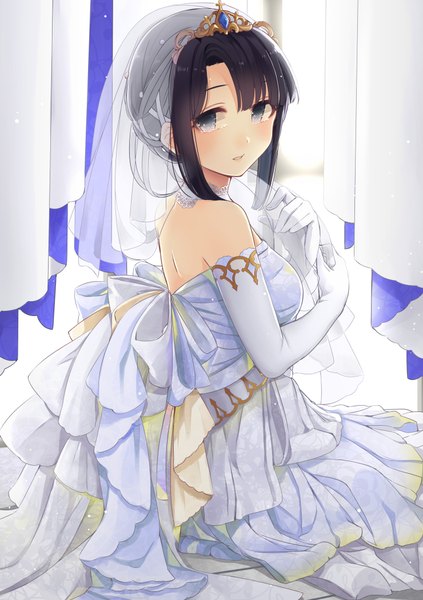 Anime picture 740x1050 with original ao no neko single tall image looking at viewer blush fringe short hair blue eyes black hair sitting bare shoulders payot parted lips looking back sleeveless tears girl dress gloves