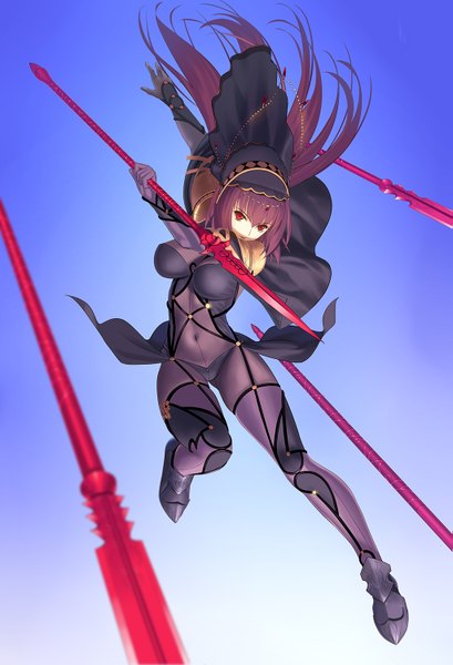 Anime picture 1023x1500 with fate (series) fate/grand order scathach (fate) (all) scathach (fate) tsukikanade single long hair tall image looking at viewer fringe breasts light erotic simple background hair between eyes red eyes holding purple hair full body gradient background floating hair