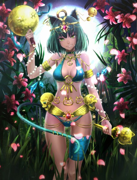 Anime picture 1000x1315 with original lam (ramdayo) single tall image looking at viewer short hair breasts light erotic smile green eyes animal ears cleavage tail animal tail green hair cat ears teeth cat girl cat tail fang (fangs)