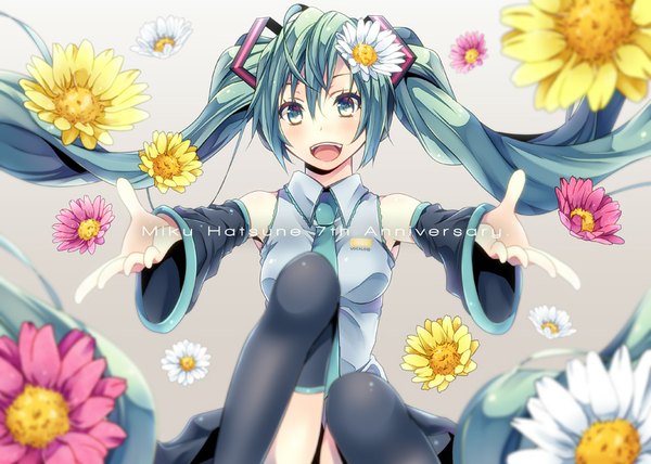 Anime picture 840x600 with vocaloid hatsune miku shiomizu (swat) single looking at viewer blush fringe open mouth smile twintails bare shoulders very long hair hair flower aqua eyes aqua hair outstretched arm girl thighhighs skirt hair ornament