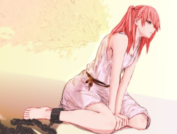 Anime picture 1395x1060 with magi the labyrinth of magic a-1 pictures morgiana tsutsumotase single long hair red eyes looking away red hair barefoot girl dress belt white dress chain shackles