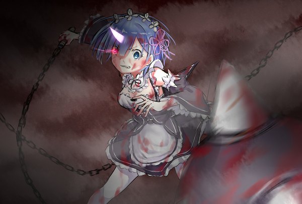 Anime picture 1300x883 with re:zero kara hajimeru isekai seikatsu white fox rem (re:zero) hanaba yuzuki single looking at viewer short hair breasts open mouth blue eyes holding wide sleeves glowing dark background glowing eye (eyes) fighting stance angry blood on face brown background bloody clothes