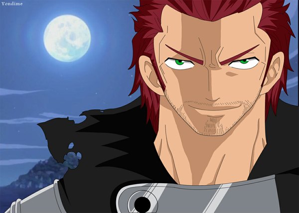 Anime picture 1100x787 with fairy tail gildarts clive yondime single short hair green eyes cloud (clouds) red hair light smile night night sky coloring portrait boy choker full moon