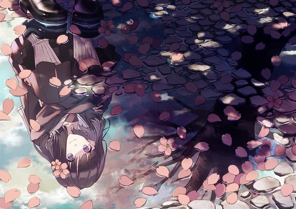 Anime picture 899x636 with original kusaka kou single fringe short hair black hair smile purple eyes cherry blossoms reflection squat girl uniform flower (flowers) plant (plants) petals tree (trees) serafuku shoes loafers