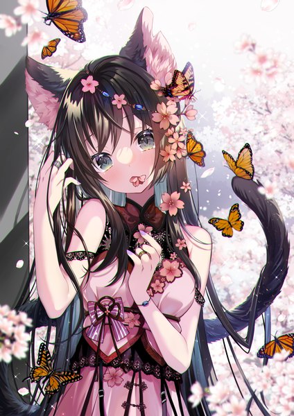 Anime picture 1505x2128 with original 07touka25 single long hair tall image looking at viewer fringe black hair hair between eyes animal ears upper body tail head tilt animal tail hair flower black eyes cat ears sparkle cat girl cat tail