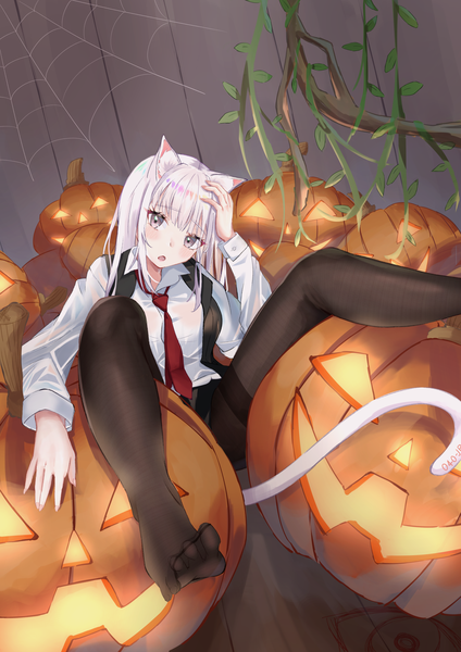 Anime picture 2894x4093 with scp foundation scp-040-jp enoha single long hair tall image looking at viewer blush highres open mouth animal ears silver hair tail head tilt animal tail cat ears cat girl cat tail no shoes halloween