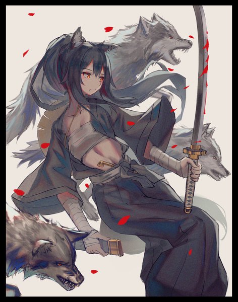 Anime picture 1756x2232 with arknights texas (arknights) veilrain single long hair tall image fringe highres black hair simple background hair between eyes holding animal ears payot looking away ponytail tail traditional clothes japanese clothes animal tail