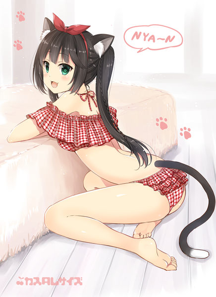 Anime picture 700x963 with original kuu-chan (sakurai makoto (custom size)) sakurai makoto (custom size) single long hair tall image looking at viewer blush fringe breasts open mouth light erotic black hair twintails bare shoulders animal ears full body indoors tail :d