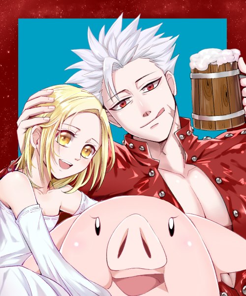 Anime picture 1000x1200 with nanatsu no taizai a-1 pictures ban (nanatsu no taizai) elaine (nanatsu no taizai) hawk (nanatsu no taizai) dmooo tall image looking at viewer blush fringe short hair breasts open mouth simple background smile hair between eyes red eyes bare shoulders animal ears yellow eyes
