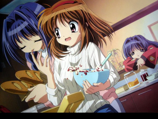 Anime picture 1024x768 with kanon key (studio) tsukimiya ayu minase nayuki minase akiko long hair short hair open mouth red eyes brown hair purple eyes multiple girls blue hair indoors eyes closed licking cooking girl food tongue