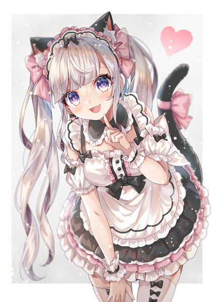 Anime picture 1000x1412 with original shione (memento forest) single long hair tall image fringe open mouth purple eyes twintails animal ears silver hair tail blunt bangs :d animal tail cat ears maid cat girl cat tail leaning